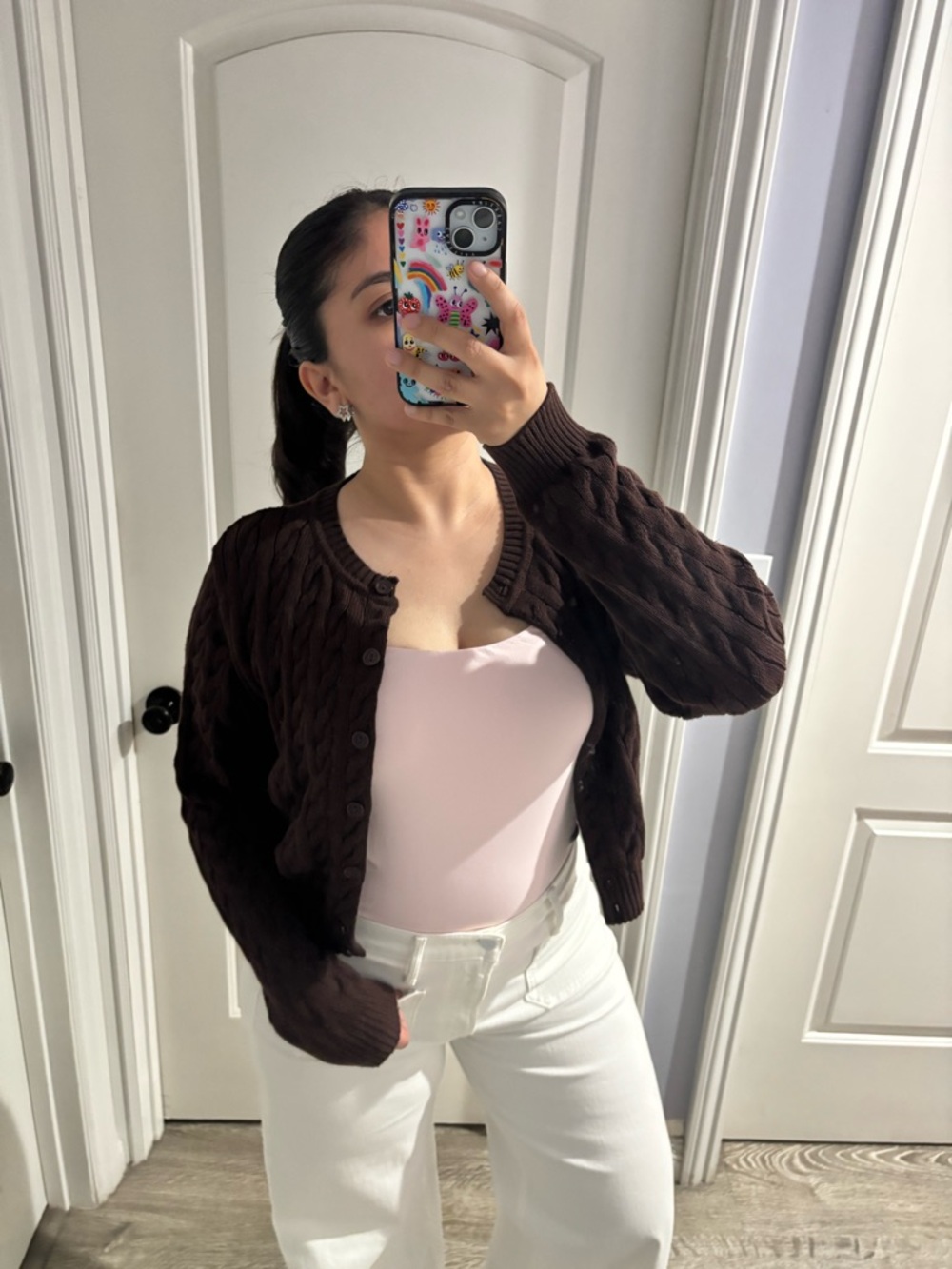 Frankies Bikinis Brown Cable Knit Cardigan Sweater Size M